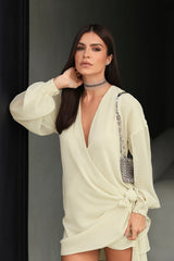 Beige V-Neck Wrap Mini Dress