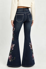 Butterfly Embroidered Stretch Slim Flare Jeans