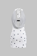 Polka Dots Pattern Lace Ruched Halter Neck Tie Up Backless Mini Dress