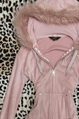 Fuzzy Cropped Zip-Up Fitted Hoodie
