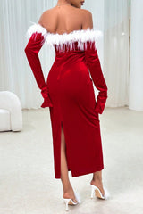 Christmas Red Fuzzy Tassel Waist-Cinched Sexy Party Dress