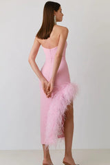Feather Strapless Midi Dress