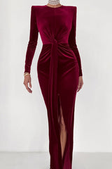 Sultry High Slit Angora Red Velvet Dress
