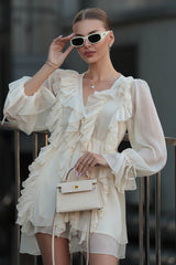 Chiffon Lantern Sleeve Tie Midi Dress