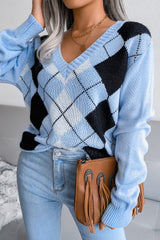 Argyle V Neck Knit Pullover Sweater