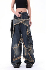 Studded Star Raw Hem Wide Leg Jeans