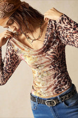 Leopard Floral Off Shoulder Mesh T-Shirt