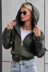 PU Leather Hooded Casual Jacket