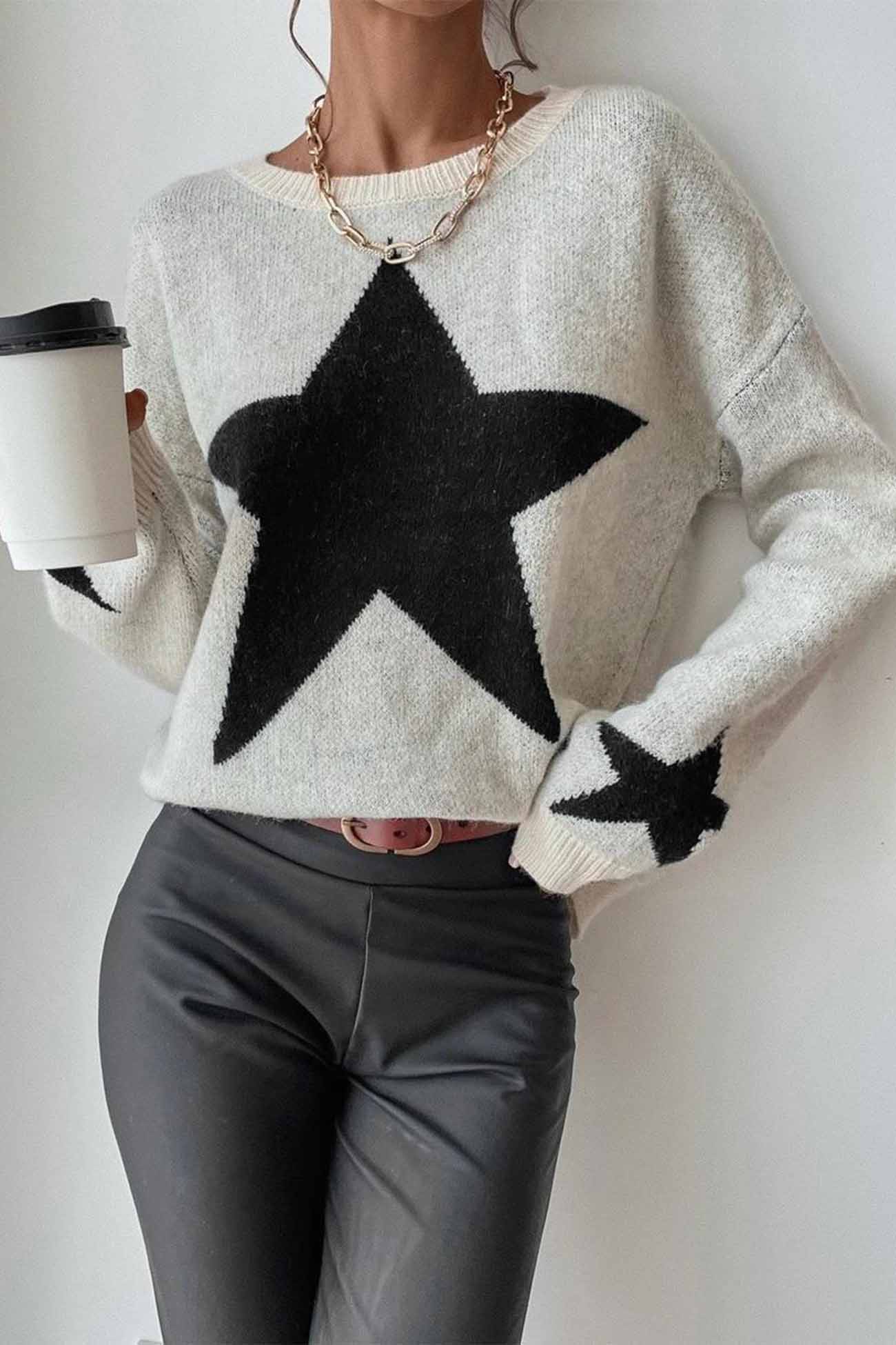 Crew Neck Star Long Sleeve Knitted Sweater