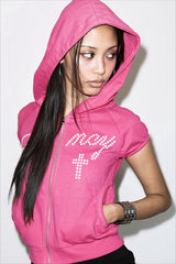 Rhinestone Cross Short Sleeve Zip Hoodie