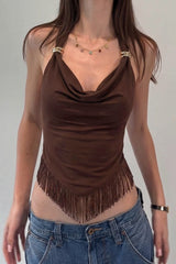 Cowl Neck Metal Accent Fringe Hem Halter Top