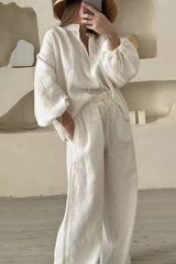 Tie Neck Balloon Sleeve Top Wide Leg Pants Set