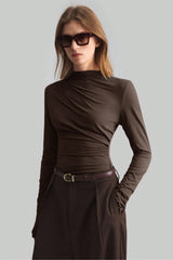 Asymmetric Ruched Mock Neck Top