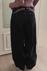 Embroidered Letter High Waist Wide Leg Jeans