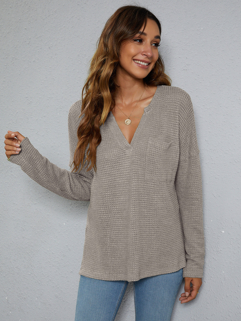 High-Low With Top Dropped Waffle-Knit Shoulder