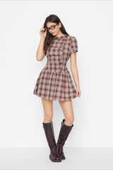 Plaid Mock Neck Pleated Mini Dress