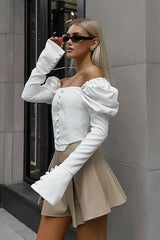 Satin Square Neck Puff Sleeve Blouse