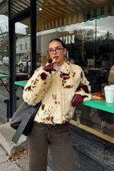 Cow Print Faux Fur Zip Jacket