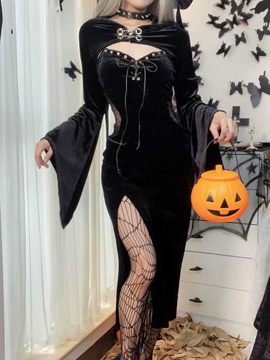 Gothic Long Dress Velvet Lace Cutout High Slit Long Sleeve Hat Suit