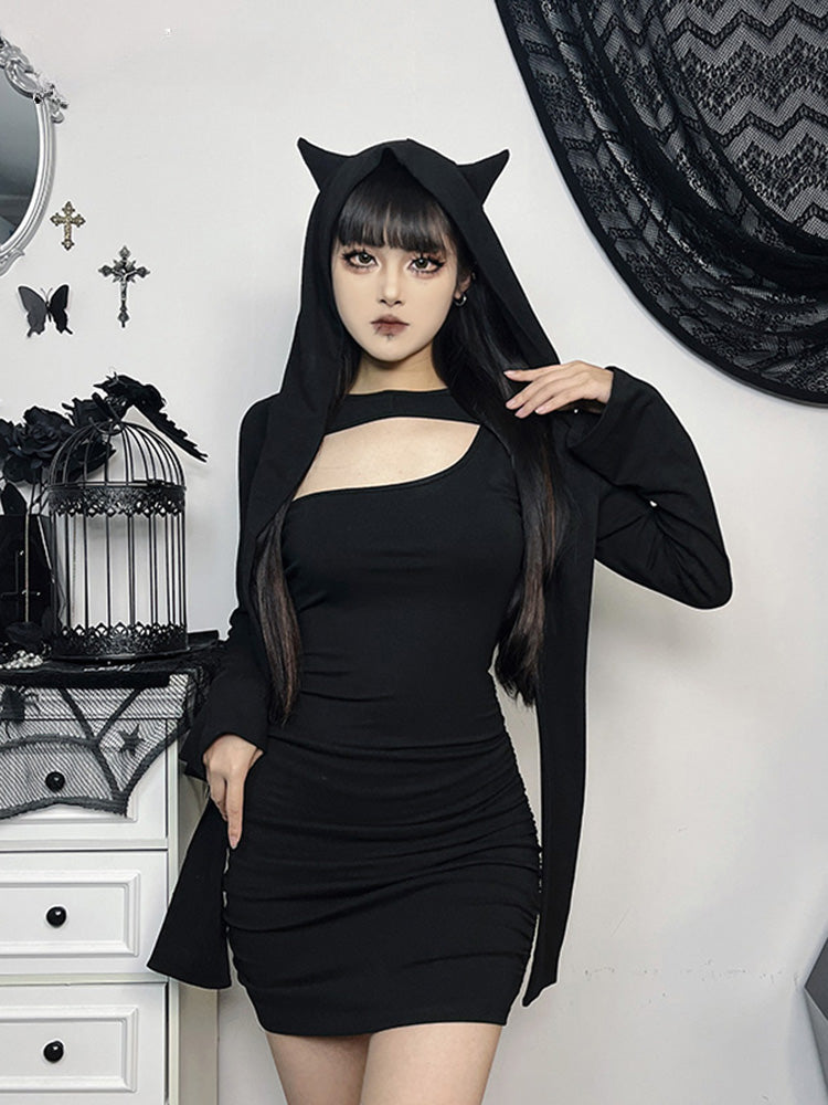 Gothic Wasteland Kitten Hollow Out Long Sleeve Bodycon Dress