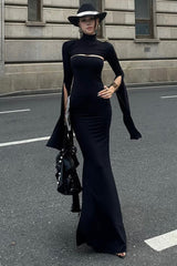French High-End Solid Slim Asymmetric Long-Sleeve Maxi Dress