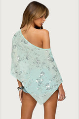 Sequin Asymmetric Draped Cape Sleeve T-Shirt