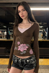 Floral Layered Halter Fitted Long Sleeve T-Shirt