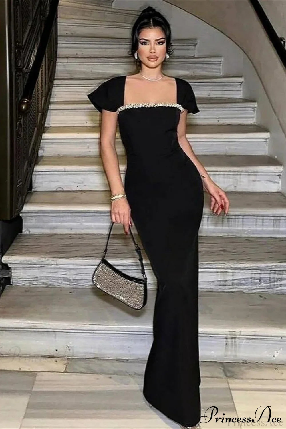 Bandage Rhinestone Square Neck Raglan Sleeve Party Dress Black / XS