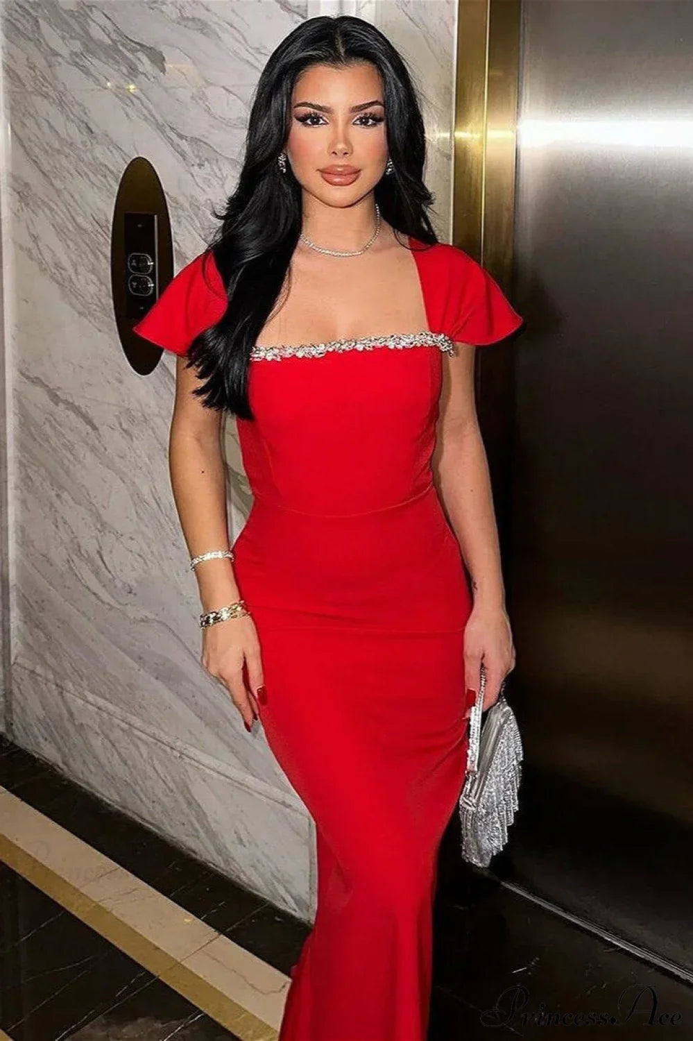 Bandage Rhinestone Square Neck Raglan Sleeve Party Dress Red / XS