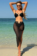 Solid Mesh Long Skirt Three Piece Swim Set