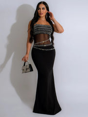 Elegant Mesh See Through Rhinestones Strap Sleeveless Red Christmas Party Dress Black / S Dresses-L
