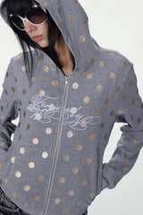 Polka Dot Embroidered Zip Up Hoodie