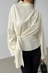 Beige Chiffon Tie Waist Flared Sleeve Blouse