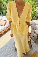Resort Casual Cotton Linen Puff Sleeve Two Piece Skirt Set