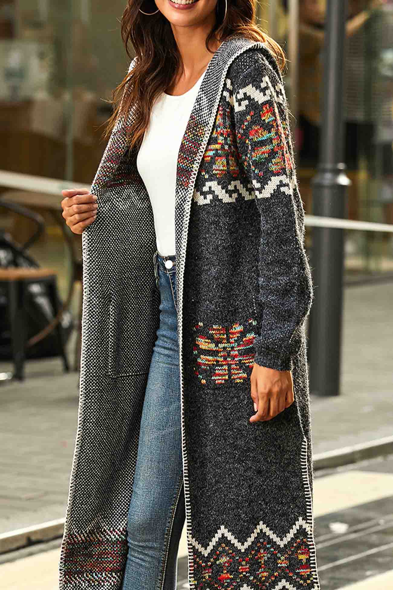 Floral Hooded Slit Long Cardigan