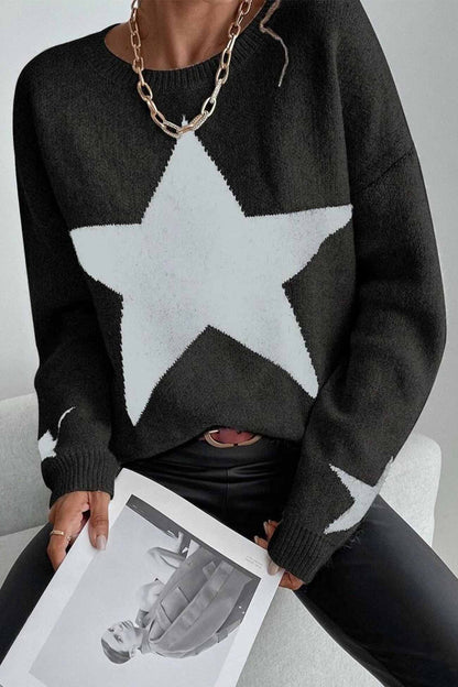 Crew Neck Star Long Sleeve Knitted Sweater