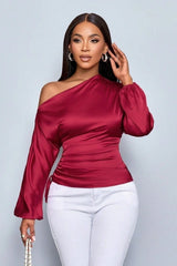 Satin Asymmetric Collar Ruched Waist Long Sleeve Tee