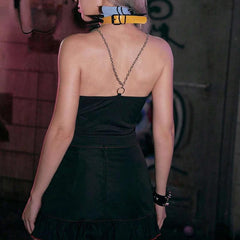 Mysterious Cross Print Chain Black Casual Crop Top