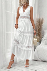 V Neck Lace Patchwork Sleeveless Boho Dress