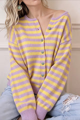 Lavender Yellow Stripe V Neck Cardigans