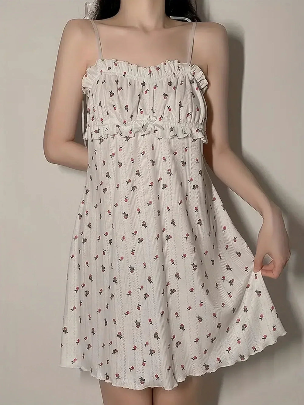 Spaghetti Warm-Season Gown Flowered Mini With Strap Print Summer Print Mini Dress
