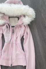 Pink Fur Trim Embroidered Zip-Up Hoodie