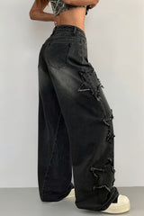 Frayed Star Applique Wide Leg Jeans