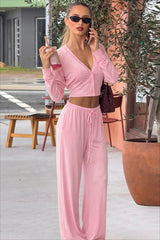 V-Neck Snap Button Tie Longline Two-Piece Set