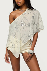 Sequin Asymmetric Draped Cape Sleeve T-Shirt