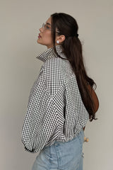 Gingham Stand Collar Zip Bomber Jacket