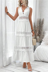 V Neck Lace Patchwork Sleeveless Boho Dress