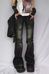 Gothic Print Low Rise Flare Jeans