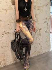 Washed Distressed Foil Print Slim Flare Jeans
