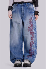 Paisley Embroidered Washed Wide Leg Jeans